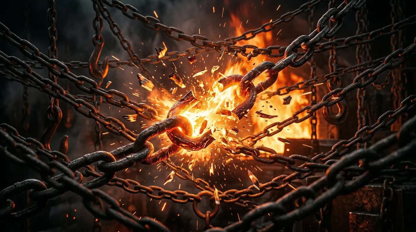 Breaking chains erupting in fire